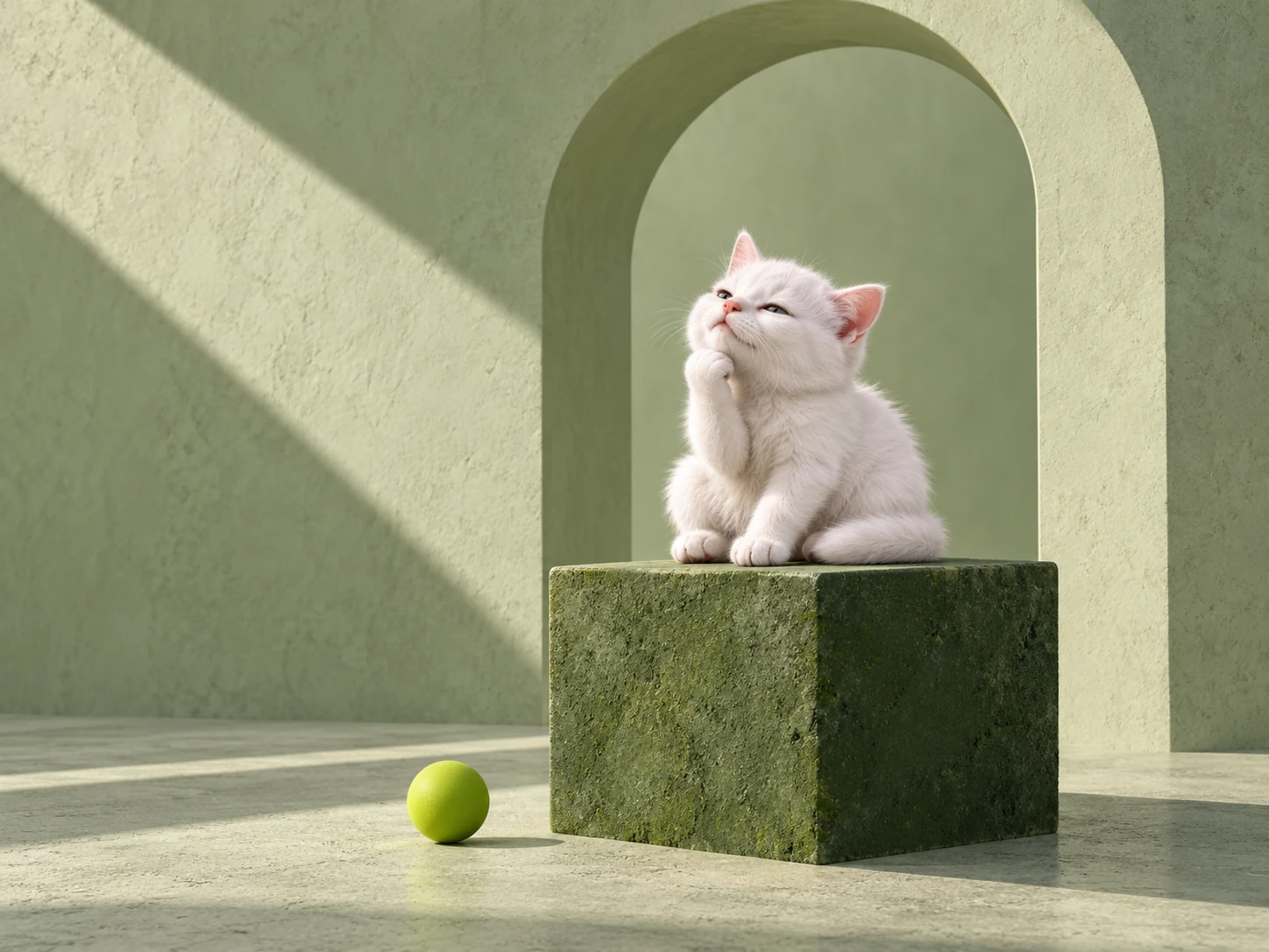 A thoughtful white kitten resting its chin on a paw, on a green stone pedestal
